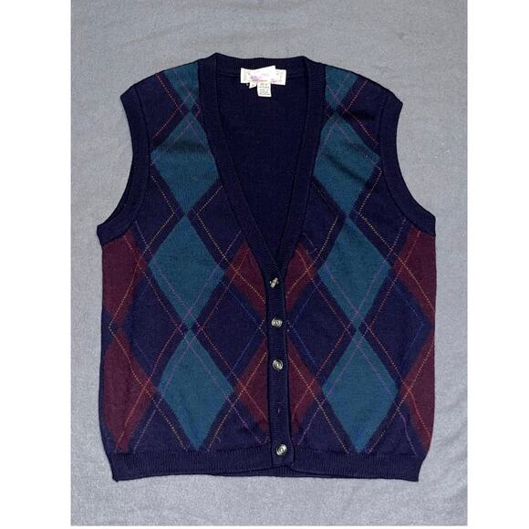 Tricots St. Raphael Argyle Sweater Set Navy Green Red Cardigan Vest Wool - Picture 3 of 12